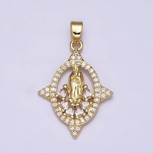16k gold filled virgin mary lady guadalupe multiple teardrop cz micro paved spiked open oval pendant | aa482
