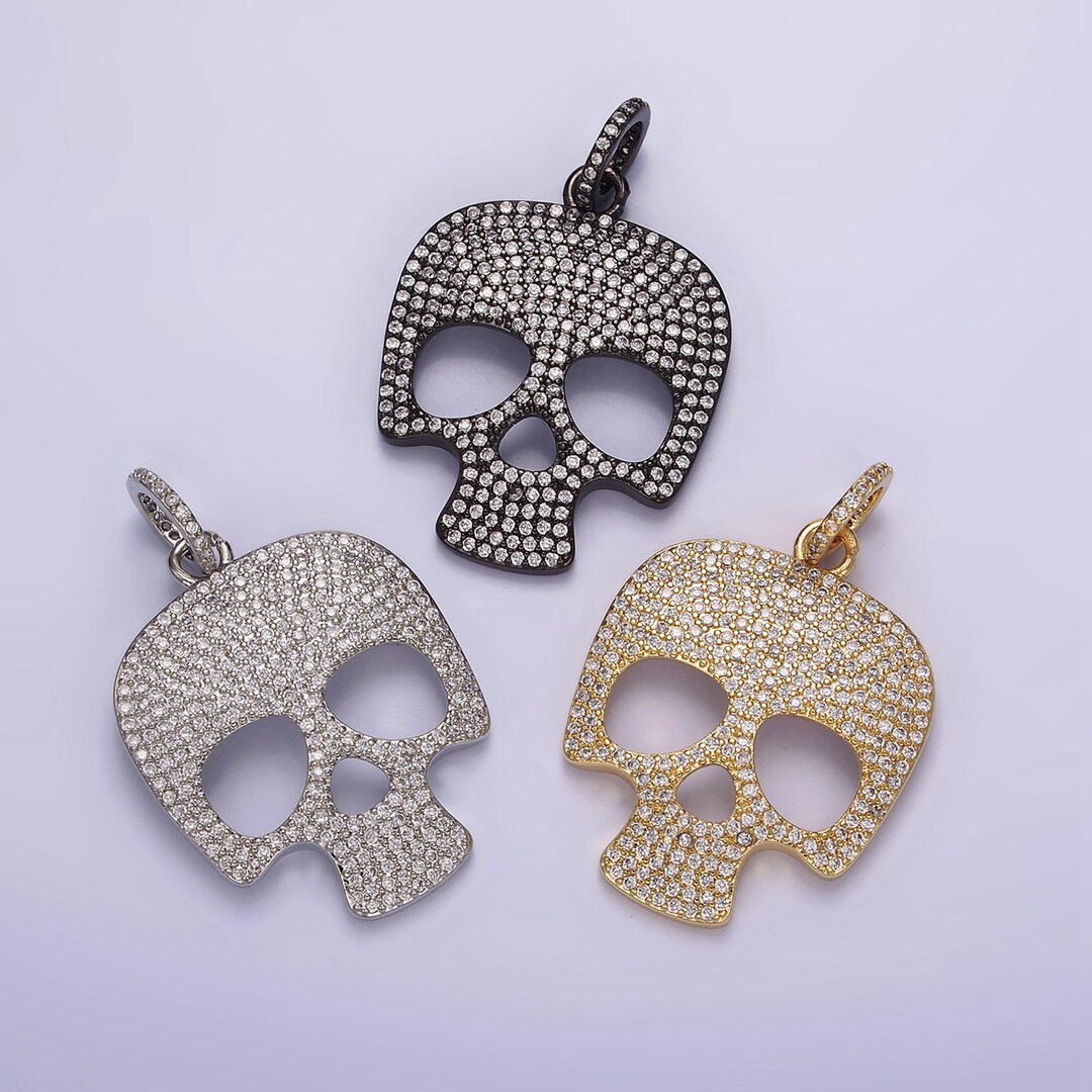 14K Gold Filled 40mm Skeleton Skull Clear Micro Paved CZ Charm in Black ...