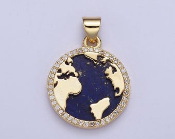 Gold blue lapiz world map coin medallion pendant, 24k gold filled round micro pave cz globe charm for jewelry making | x-426
