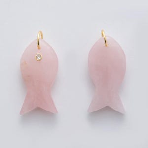 18k Gold Filled 38.8mm Big Gemstone Fish Pendant Natural Stone CZ Charm for Necklace Bracelet Jewelry Making DIY Supply | D265 Rose quartz