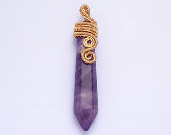 Long Amethyst Crystal Pointed Bullet Pendant - Purple Amethyst Pendulum Wrap Wire Gold Filled Charm Crystal Pendulum for Necklace Supply