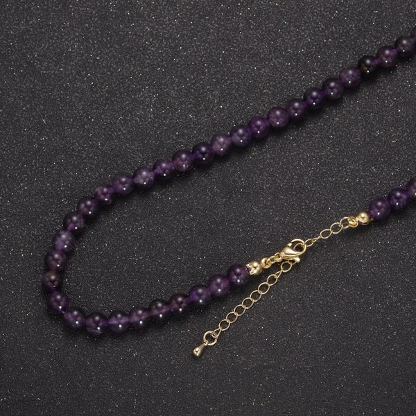 AAA++ Natural Amethyst Beaded Necklace, 6mm Purple Amethyst Smooth Round Bead Necklace 18k Gold Filled Gemstone Necklace Jewelry WA-858