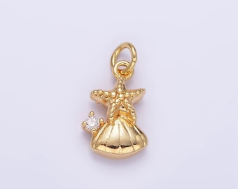 Mini dije de estrella de mar con forma de concha de almeja y circonita cúbica bañado en oro de 24 quilates / ag849