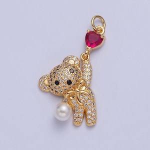 24k gold filled cute teddy bear charm, deep pink heart & white pearl cubic pendant, dainty jewelry pendants necklace bracelet charm | w-289
