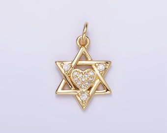 May include: A gold-tone pendant featuring a Star of David with a heart-shaped design in the center. The heart and star are both adorned with clear cubic zirconia stones.