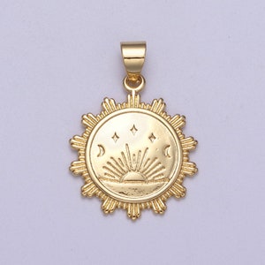 Sunrise pendant 24K Gold Filled Lead Nickel free, Unique Sun pendant, Coin charm, Round pendant, Jewelry making supplies H-394