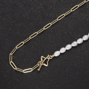 18k gold filled paperclip chain with freshwater pearls layering necklace dainty paperclip wa-862