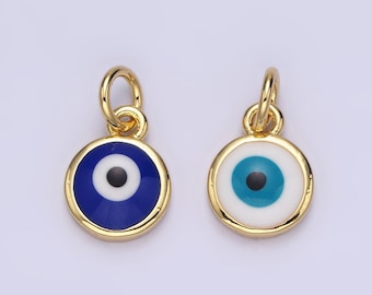 14k Gold gefüllt weiß, blaues böses Auge Emaille 8 mm runder Anhänger | n1023 n1024