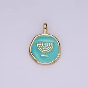 14k gold filled menorah charm jerusalem pendant blue teal enamel jewish charm for hannukah gift idea aa1093