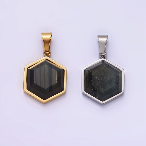 Stainless Steel Labradorite Hexagonal Bezel Pendant in Gold & Silver | P1052 P1053