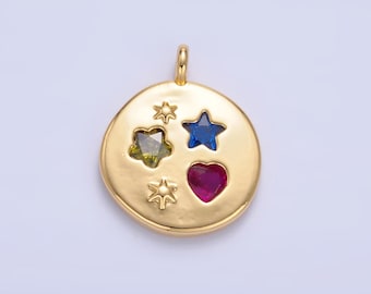 24K Gold Filled Celestial Star Flower Heart CZ Dotted Round Charm | W411