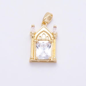 16K Gold Filled 20mm Clear CZ Baguette Vintage Church Castle Pendant Cathedral Architecture Charm Jewelry Supply DIY Necklace | Charms-01037