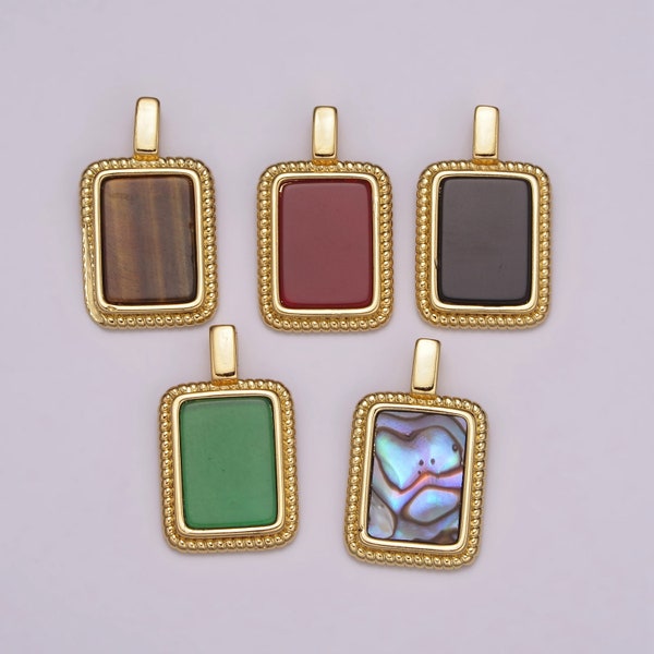 Gold Rectangle Gemstone Medallion Pendant Abalone,Tiger Eye, Carnelian,Onyx,Green Agate for Classic Minimalist Jewelry N473~N-477