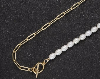Half beaded half chain necklace in 18k gold fill | Layer Necklace paper clip chain rectangle | White Freshwater Pearl WA-863