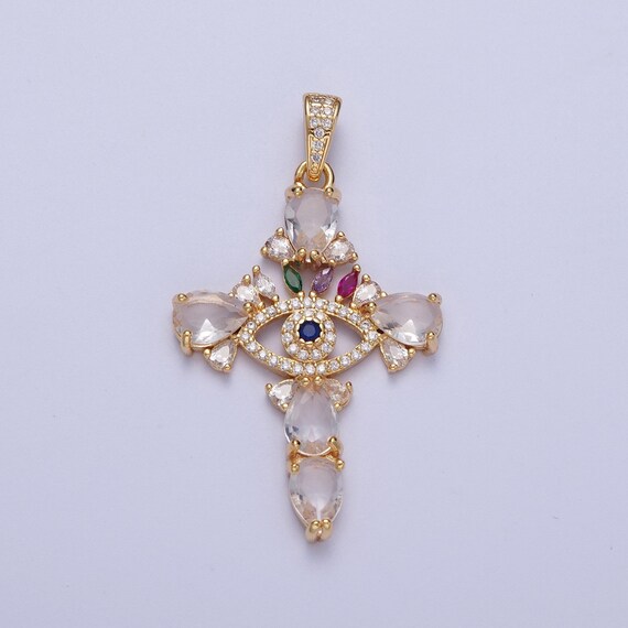 Gold CZ Crystals Evil Eye Cross Pendant 24K Gold Filled Etsy