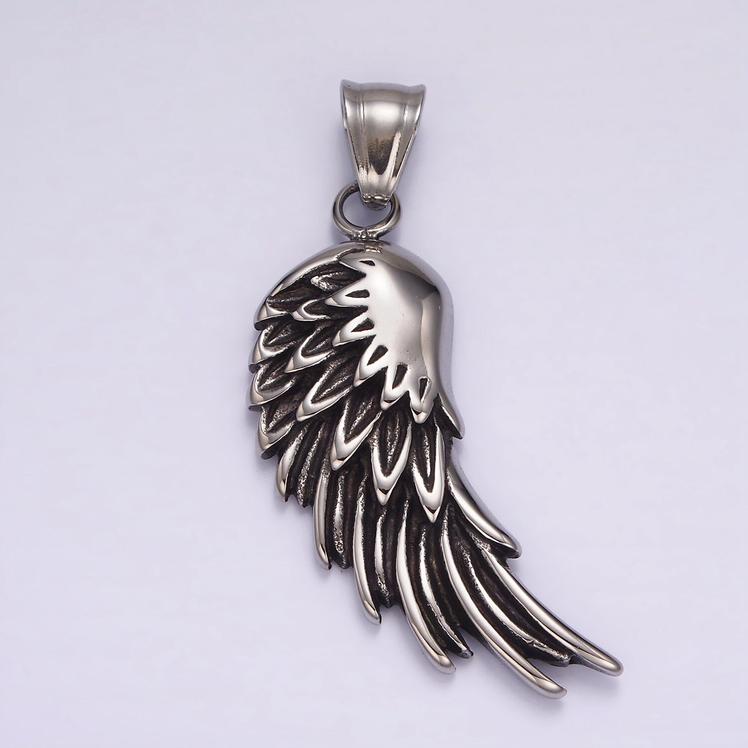 Stainless Steel 50mm Feather Wings Textured Pendant for Men Jewelry Statement Necklace Charm | P877