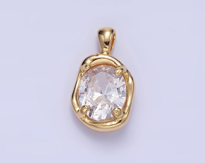 14k gold filled clear cz oval abstract pendant geometric hammered molten charm | h054
