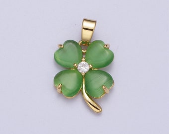 Gold CZ Jade Green Four-Leaf Clover Pendant, 24K Gold Plated Fern Green Jade Hearts w. Clear Micro Paved CZ Crystals Charm | X-674