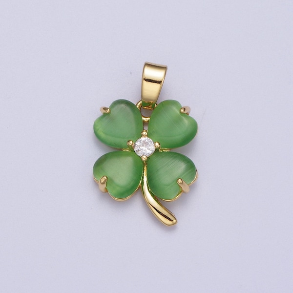 Gold CZ Jade Green Four-Leaf Clover Pendant, 24K Gold Plated Fern Green Jade Hearts w. Clear Micro Paved CZ Crystals Charm | X-674