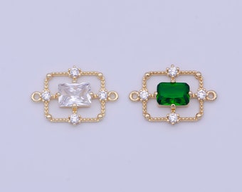 Emerald Green and Crystal Clear Rectangular Medallion Royal Quadrants Charm Connector, 24K Gold Plated Micro Pave CZ Connector | G-562, -563