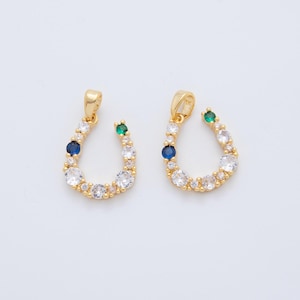 18K Gold Filled Blue-Green Clear CZ Cluster Horseshoe Pendant | AH774