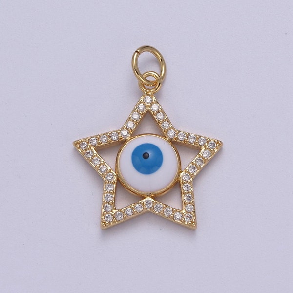 Star Cubic Evil Eye Charm, Pendentif Micro CZ Pave rempli d’or 14K, 18 * 23mm, Collier Boucle d’oreille Bracelet, Recherche de bijoux D-762