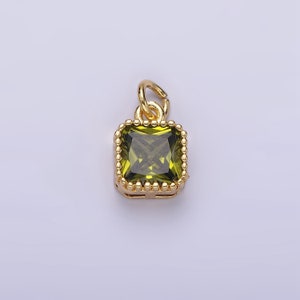 16K Gold Filled 7.5mm Multifaceted Birthstone CZ Square Personalized Charm N1047 N1055 Olive Green