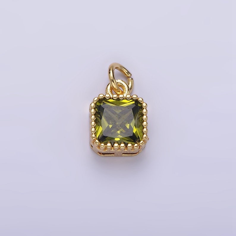 16K Gold Filled 7.5mm Multifaceted Birthstone CZ Square Personalized Charm N1047 N1055 Olive Green