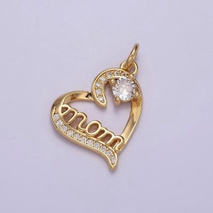 Dainty mom charm pendant, mother&#39;s day charms pendants, mom heart, 18k gold filled charm micro pave mom charm dangle pendant e-712