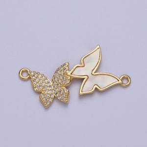 Gold cz double butterflies pearl charm connector, 24k gold plated clear micro paved cz rotated pearl mariposa butterfly connector | g-570