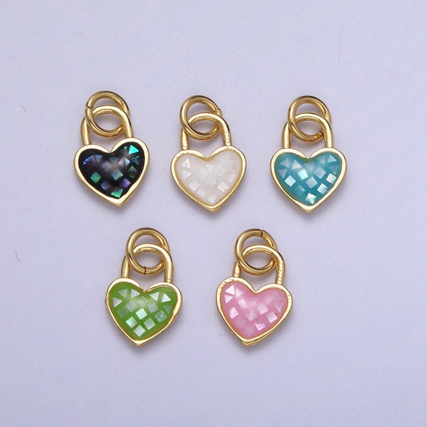 Dainty Pink, Green, Blue White Abalone Shell Opal Heart Pendant For Love Padlock Jewelry Making Supply in 24K Gold Filled