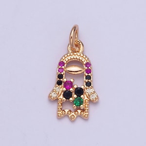 Dainty Hamsa Hand Charm Multicolored Micro Pave CZ Beaded Pendant 14K Gold Plated Micro CZ Pave | DIY Piece for Necklace Bracelet | X-185