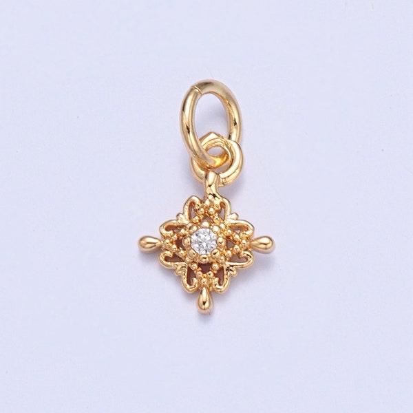 24K Gold Cz Flower Pendant for Necklace Bracelet Supply, Diamond Flower Emblem Pendant, Four-Leaf Clover Edges | X-106