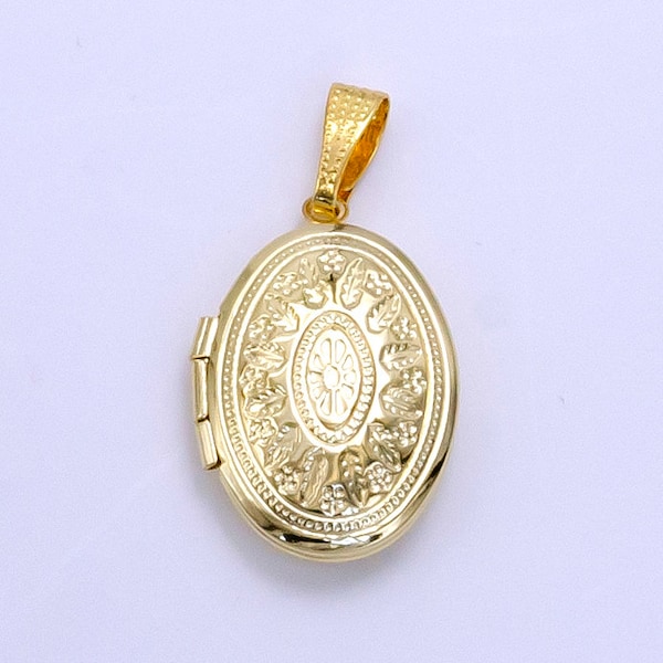 14K Gold Filled Flower Leaf Nature Oval Dome Minimalist Locket Charm | AG-617