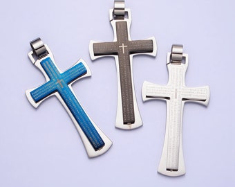 Stainless Steel Geometric Engraved Religious Cross Pendant in Silver Blue Black | P-1151 P-1152