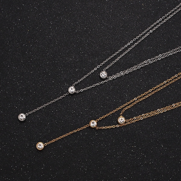 Dainty Lariat Y Necklace for Women Round Bezel Cut Long Drop Necklace Layered Chain Necklace Minimalist Jewelry for Mother Day Gift WA1715