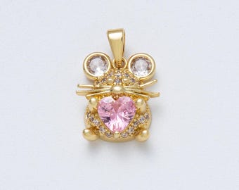 18K Gold Filled 15mm Pink Heart CZ Micro Paved Mouse Mice Animal Pendant Whimsical Pet Lover Gift DIY Jewelry Making Supply | Charms-00148