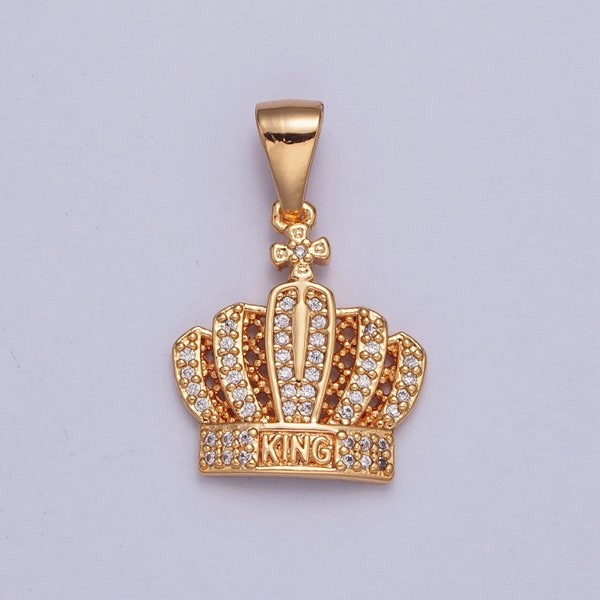 18K Gold Plated Royal Tiny Cross Emperor Viscount Crown "King" Lettering Micro Pave CZ Stones Pendant, King Crown Design Charm | X-366