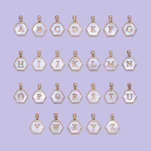 Mother of pearl letter charm initial necklace pendant personalized hexagon gold geometric monogram jewelry initial necklace