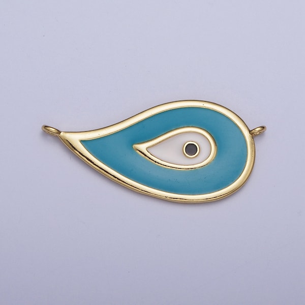 Gold Cerulean Blue & White Peacock Feather Link Connector, 24K Gold Plated Teardrop Shape Peacock Feather Enamel Finish Connector | G-531
