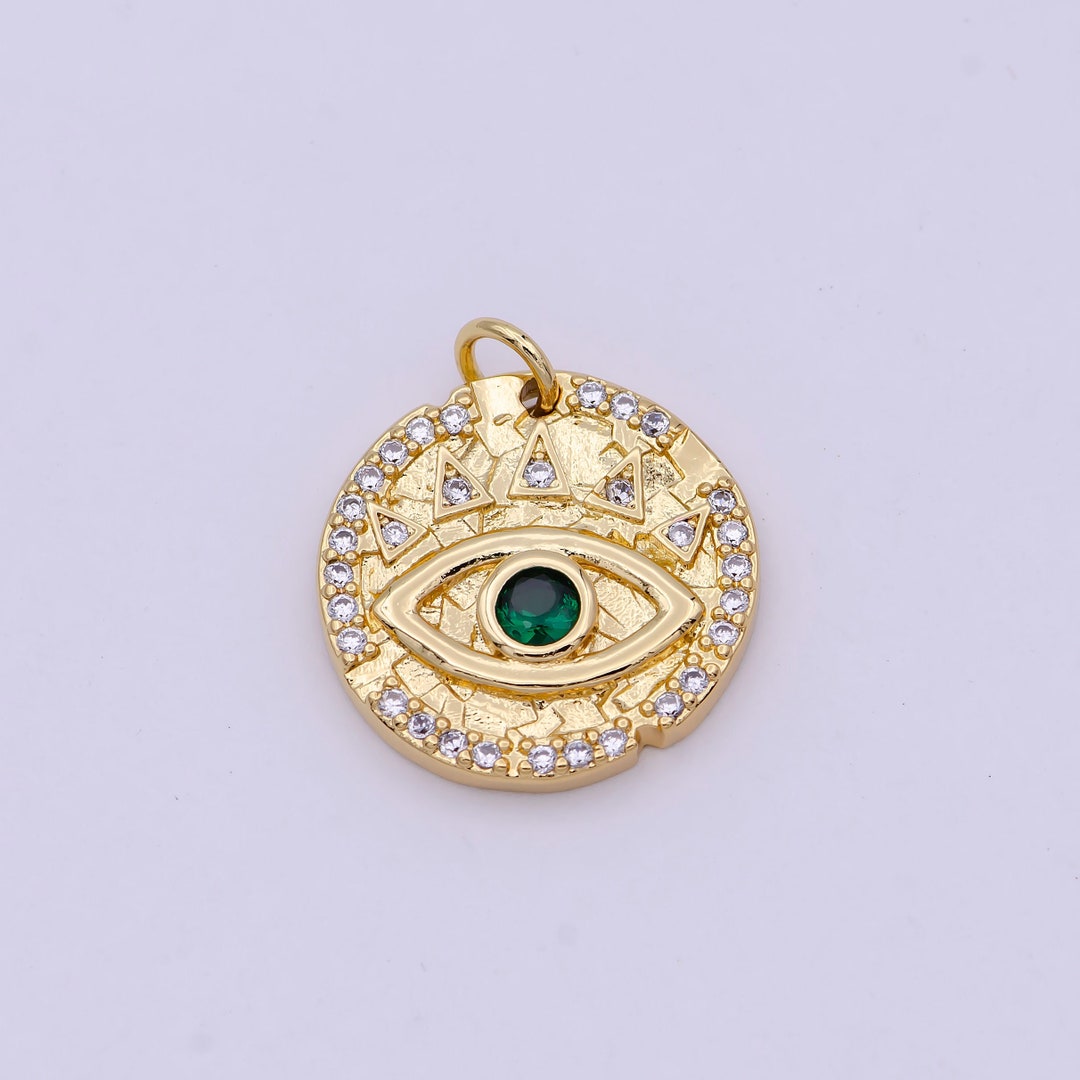 Dainty Gold Filled Evil Eye Charm With Green Emerald Cz Stone Coin Charm for Bracelet Necklace ...