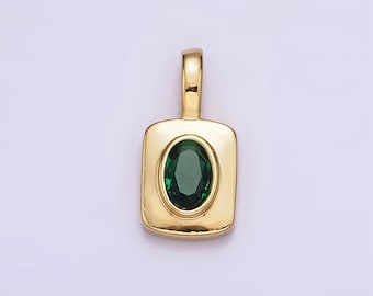 Mini Tag Charm with Emerald Green CZ Oval Stone for Necklace Pendant Jewelry Making Supply AA-571