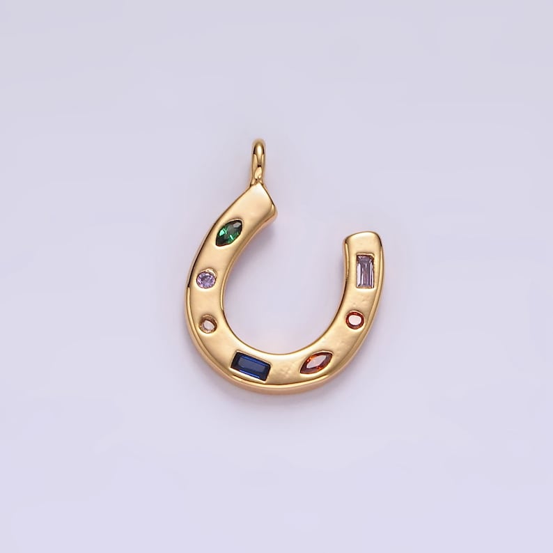 14K Gold Filled CZ Multicolor Dotted Lucky Horseshoe Charm AC819 Gold