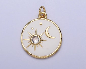 14K Gold Filled White Enamel Celestial Sun Crescent Moon Round Coin Charm | E651