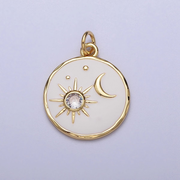 14K Gold Filled White Enamel Celestial Sun Crescent Moon Round Coin Charm | E651