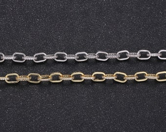 14K Gold  Micro Pave Chain CZ Paper Clip Chain Specialty Link Cable Chain by Meter Cubic Clear Chain Chunky Chain Size 8.5x6mm, 295, 296