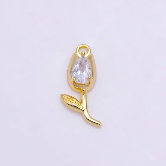 14k Gold Filled Clear Cz Teardrop Rose Flower Charm | W-471