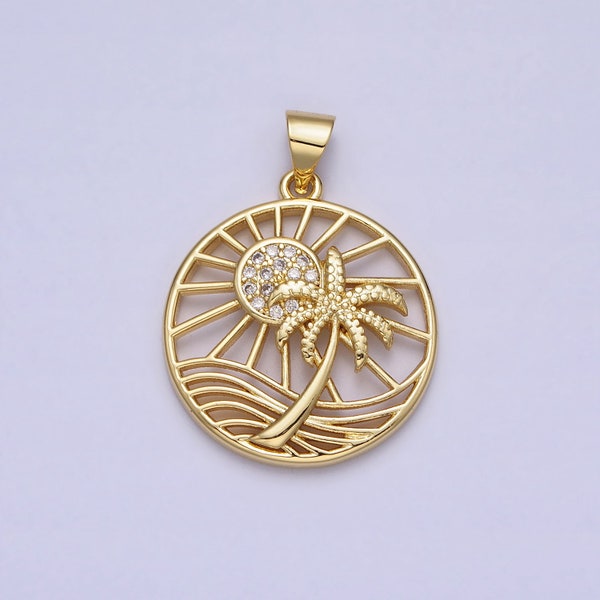 Palm Tree Sunrise Charm Gold California Dream Beach Charm, Hawaii Charm, Vacation Tropical Summer Pendant for Gift Shop Supply AA162