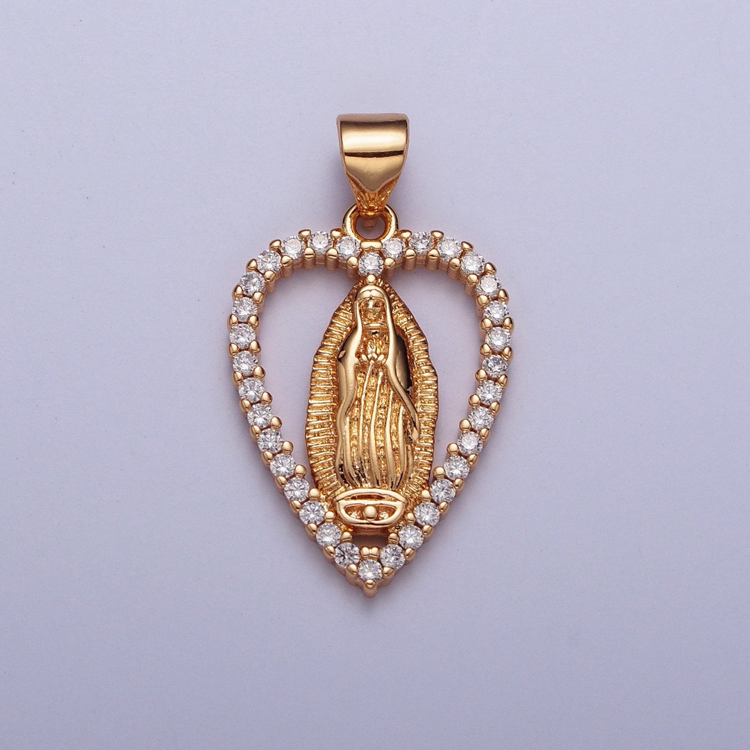 Rose Gold CZ Virgin Mary Heart Pendant, 18K Gold Plated Clear Micro ...