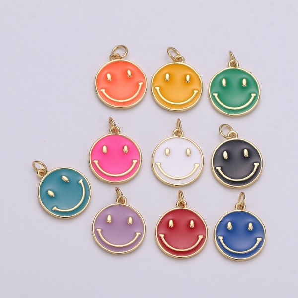 1pc Epoxy Happy Face in Gold Round Charm, Enamel Happy Face Charm, Smile Gold Enamel Charms, Dainty Smile charm, Teal, Red, White, Yellow
